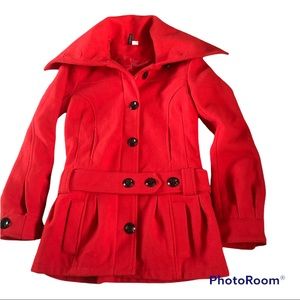 Red mod style wool blend big black button jacket w/ belt size 4 front pockets